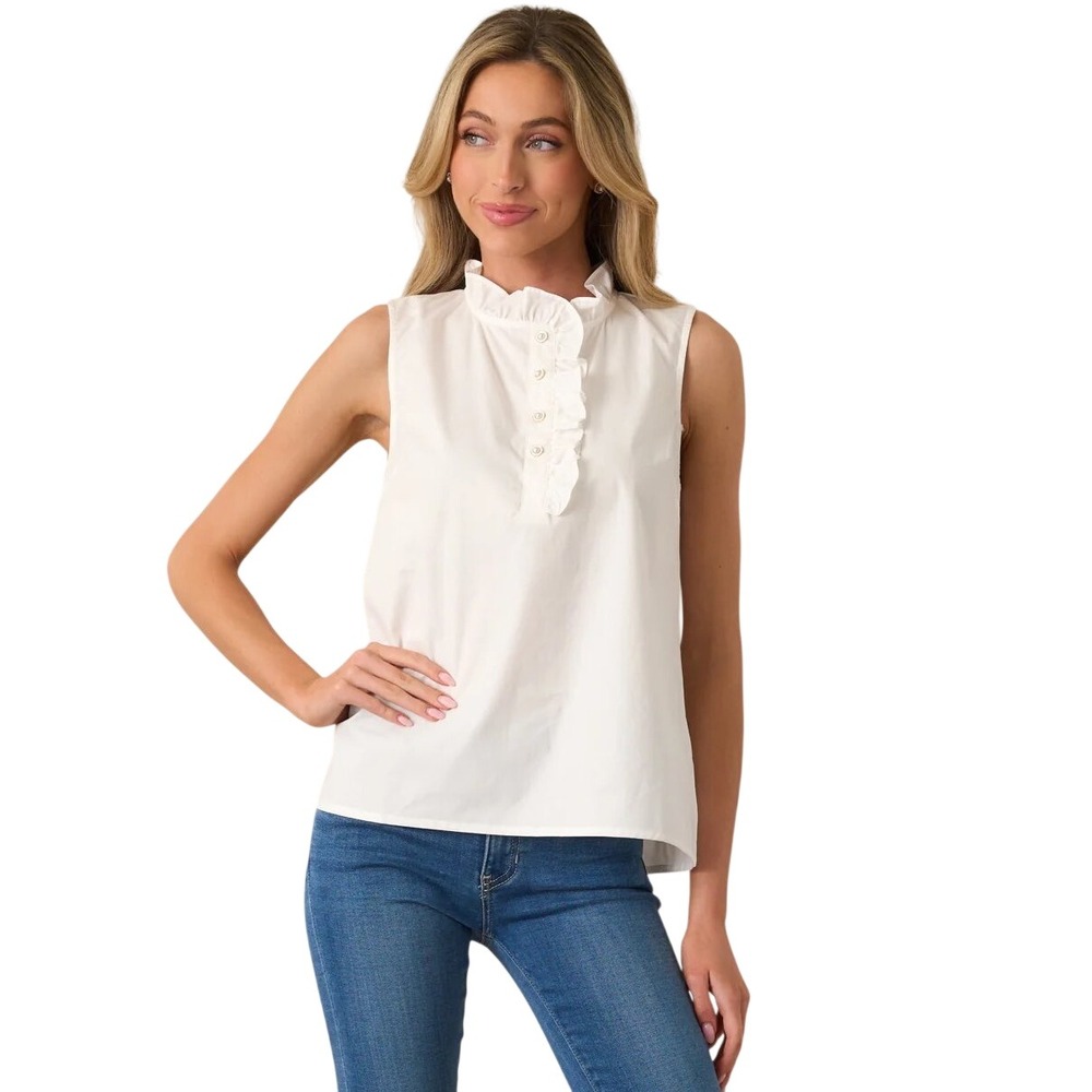 Prosperina Sleeveless Blouse Women White Ruffle Neck Pearl Button Cotton Poplin